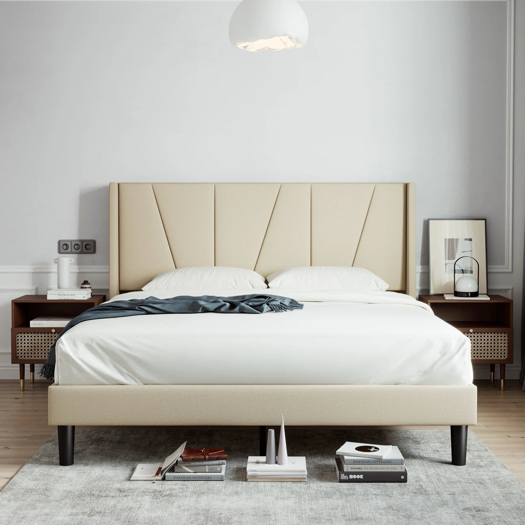 King Size Beige Upholstered Platform Bed with Wingback S906792