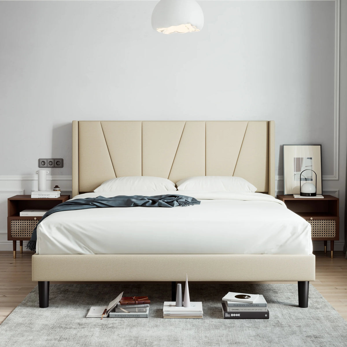 King Size Beige Upholstered Platform Bed with Wingback S906792