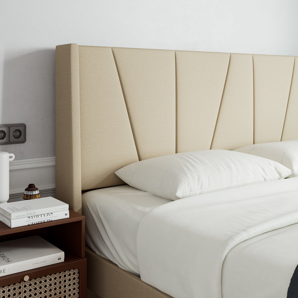 King Size Beige Upholstered Platform Bed with Wingback S906792