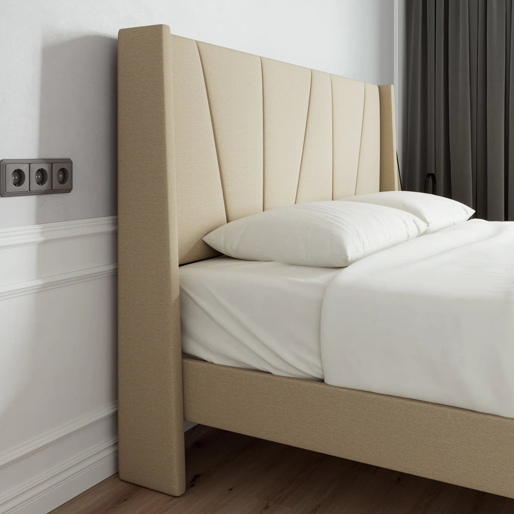 King Size Beige Upholstered Platform Bed with Wingback S906792