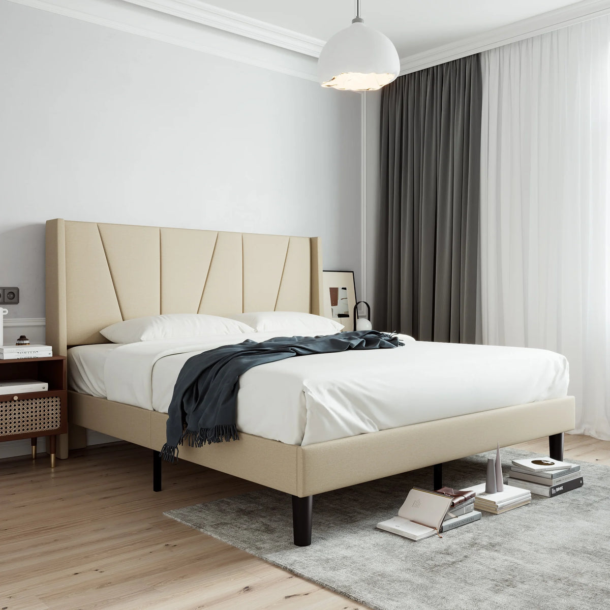 King Size Beige Upholstered Platform Bed with Wingback S906792